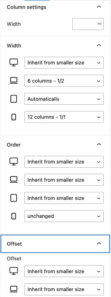 Screenshot Column settings