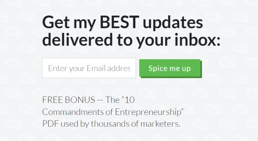 Popup with text "Get my BEST updates delivered to your inbox: FREE BONUS - The "10 Commandments of Enterpreneurship" PDF used by thousends of markets"