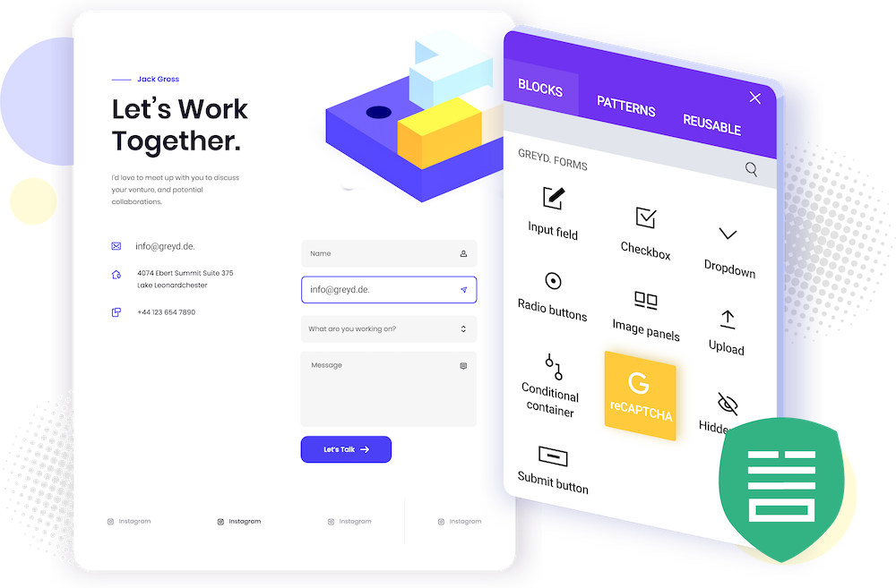 Web form and an admin panel showing reCAPTCHA and a security icon