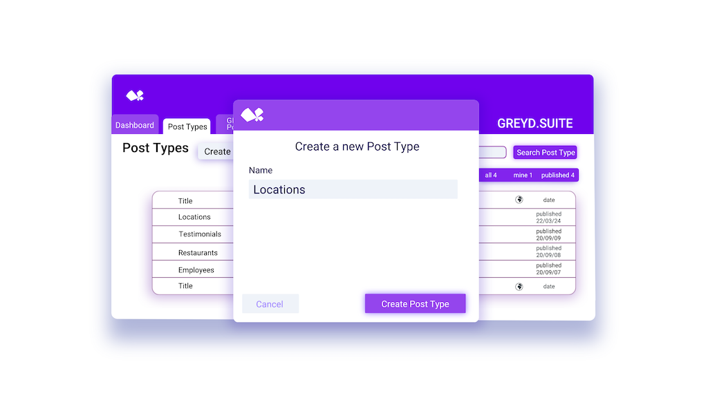 Backend-Visualisierung der dynamischen Posttypen von Greyd.Suite