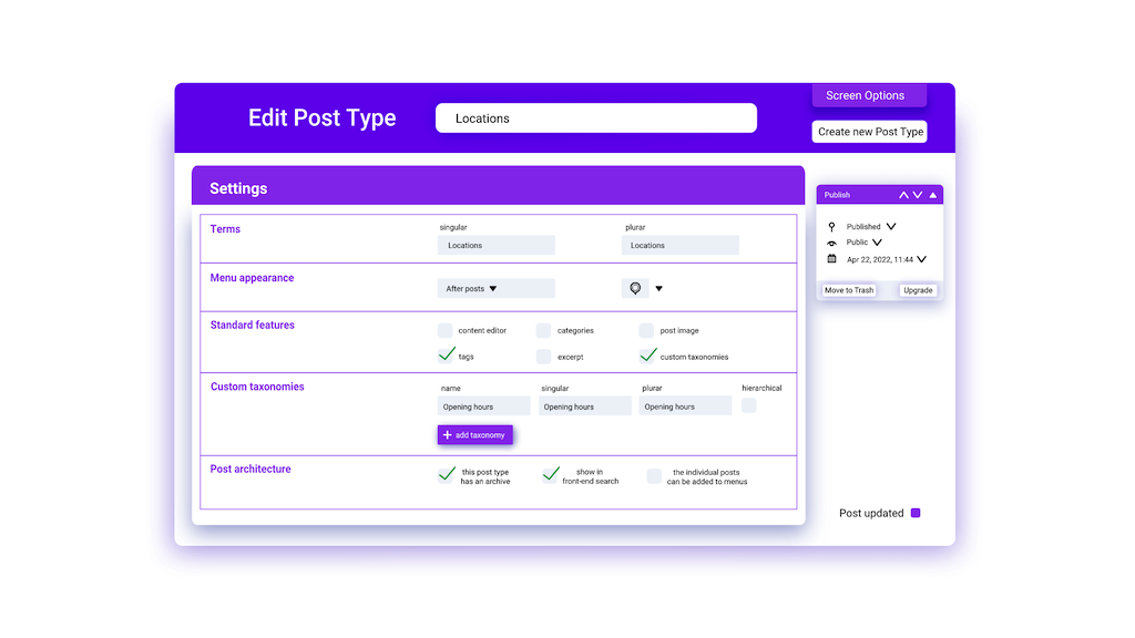 Backend-Visualisierung der dynamischen Posttypen von Greyd.Suite