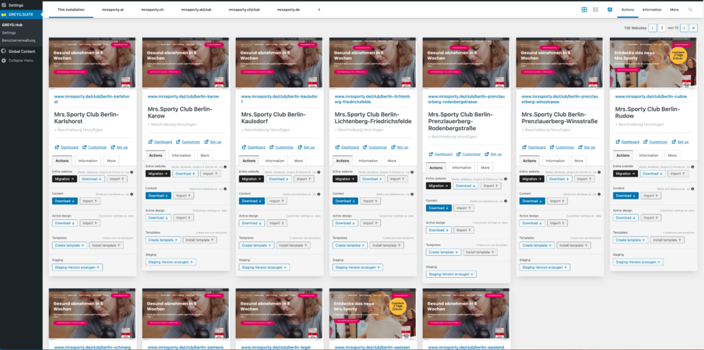 Backend display of Mrs. Sporty Greyd.Hub showing dozens of Mrs. Sporty websites