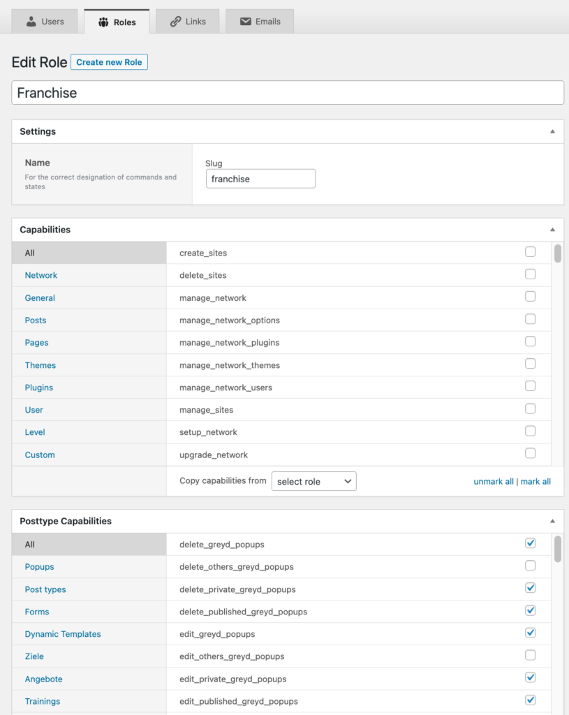 Backend display of custom user role settings in Greyd.Suite