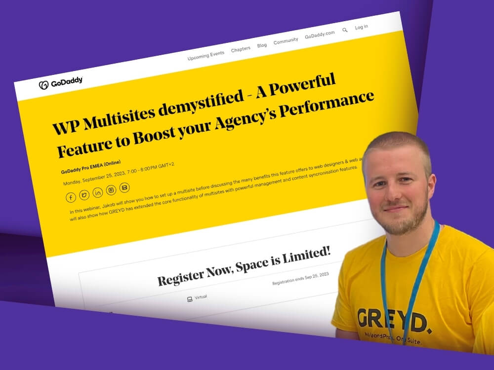 Lila Hintergrund mit einem Screenshot der GoDaddy-Webseite, auf der das Webinar in diesem Beitrag angekündigt wird. Im Vordergrund steht Jakob Trost, ein kurzhaariger, blonder, weißer Mann, der ein gelbes T-Shirt mit dem GREYD-Logo trägt.