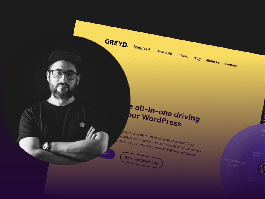 A decorative screenshot of the new Greyd homepage, topped by a black and white portrait photo of Thomas Koschwitz, a man with glasses and a dark beard and moustache.