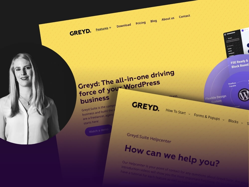 Ein dekorativer Screenshot der neuen Greyd Homepage und des Helpcenters, gekrönt von einem schwarz-weißen Portraitfoto von Sandra Kurze, einer Frau mit langen blonden Haaren.