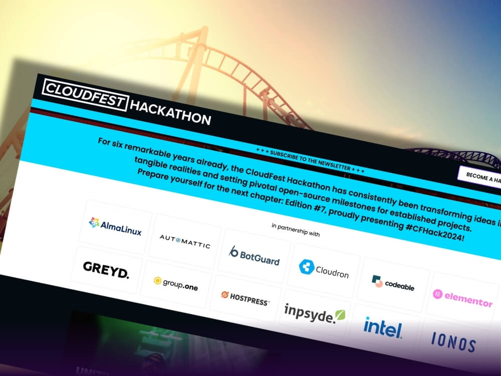 Screenshot der Hackathon-Website mit den Logos aller Partner, darunter auch Greyd. Im Hintergrund ist eine Achterbahn zu sehen.