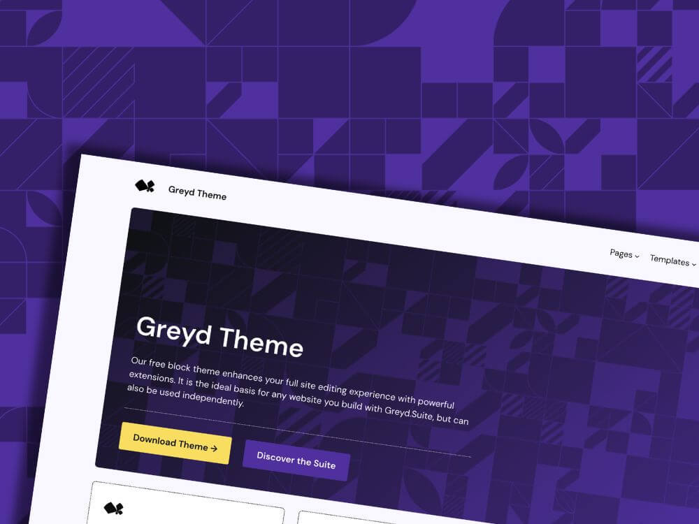 Screenshot of our Greyd WP block theme on a purple background with stylized pattern
