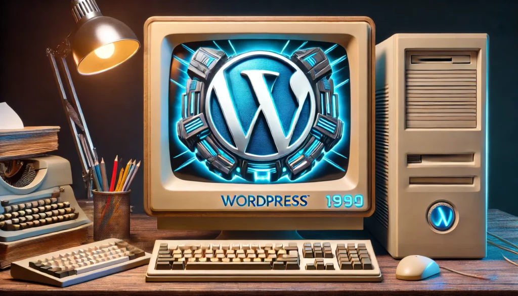 an old pc showing a futuristic wordpress logo