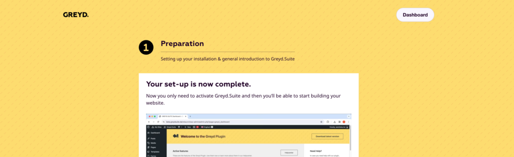 Frontend screenshot of the Greyd.Suite onboarding showing text and a video