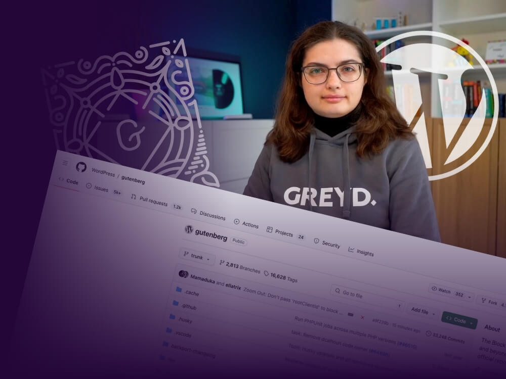 A woman, Jessica Lyschik, is pictured in the center wearing glasses and a GREYD. hoodie. The background is a mix of a blurred office setting and overlays of the WordPress and Gutenberg logos. In the foreground, there is a semi-transparent screenshot of the Gutenberg repository on GitHub, emphasizing the topic of WordPress development. The overall design has a purple gradient overlay, creating a modern and tech-focused atmosphere.