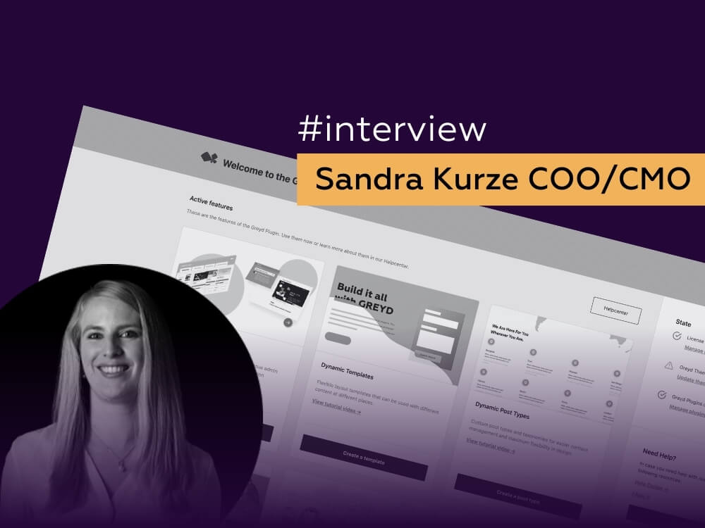 Interviewgrafik mit Sandra Kurze, COO/CMO, mit einer Weboberfläche, die Greyd.Suite-Funktionen wie dynamische Vorlagen und Post-Typen zeigt.