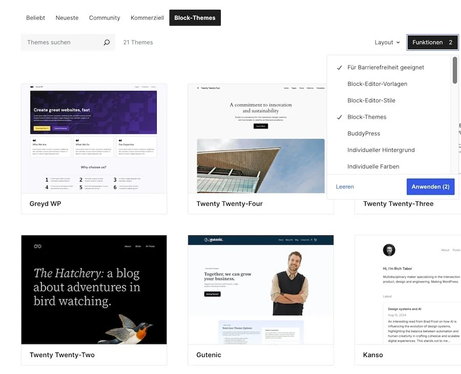 Screenshot der neuen WordPress Block Themes