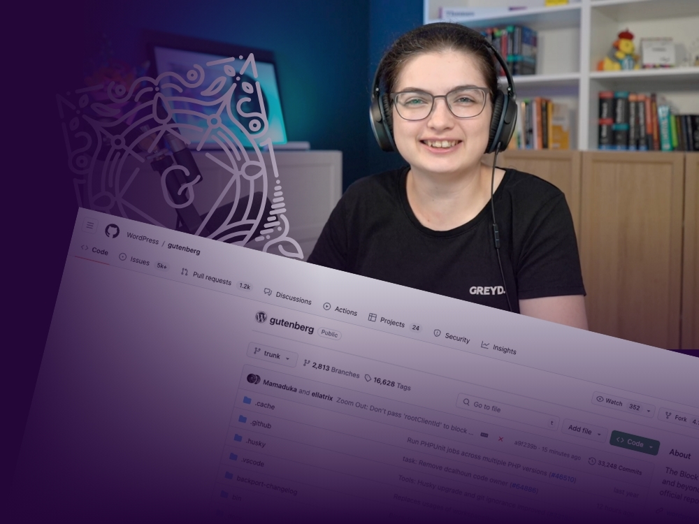 Jessica Lyschik. A smiling woman wearing glasses and headphones, sits in front of a bookshelf and a microphone, wearing a black shirt with the text “GREYD.” in white. In the foreground, a transparent overlay shows part of the WordPress Gutenberg GitHub repository interface, including tabs for code, issues, pull requests, and more.