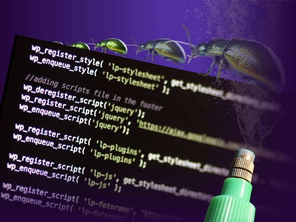 An abstract digital composition featuring a close-up of WordPress code on a dark screen, with multiple green beetles crawling over it, symbolizing software bugs. The background has a purple gradient with a smoky texture.