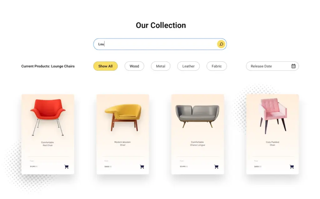 Visualization of a web shop showing chairs with a search bar and several filter options