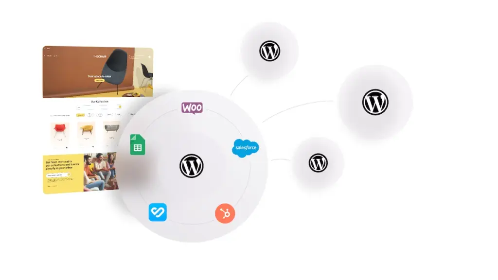 A website in the background and several connected tools and WordPress logos