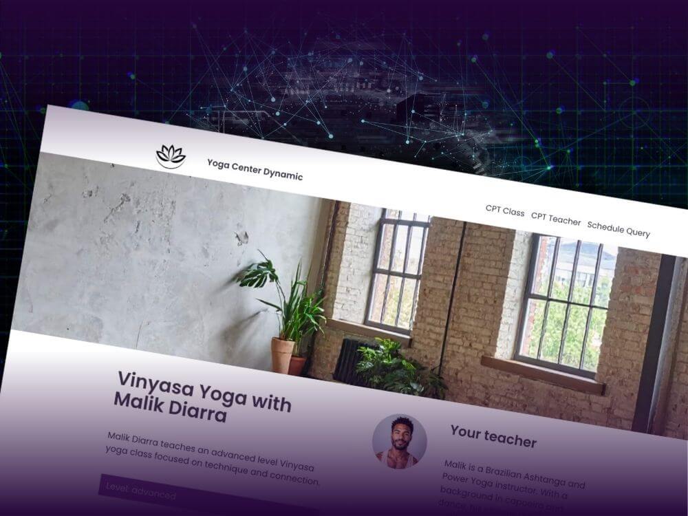 Yoga class webpage preview for “Vinyasa Yoga with Malik Diarra” showing a teacher profile, class description, and studio with large windows and plants. The header includes links to CPT Class, CPT Teacher, and Schedule Query. A digital network graphic overlays the top.