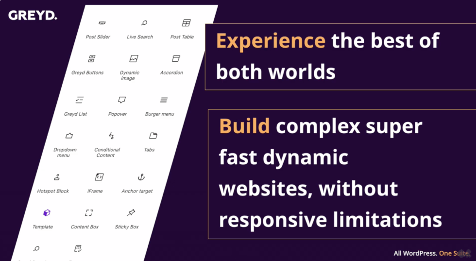Experience the best of both worlds with Greyd and Ollie. Build complex super fast dynamic websites without responsive limitation!