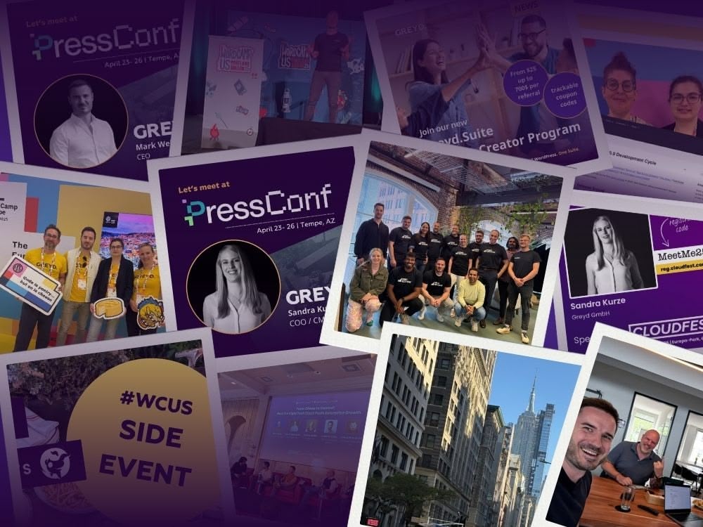 Collage aus Fotos, die Greyd-Teammitglieder bei Events, Gruppenfotos und Ankündigungen für die PressConf und CloudFest auf dunkelviolettem Hintergrund zeigen.