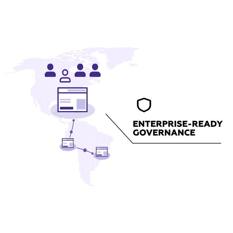 Visualization of a map with several websites and users on it and the text "Enterprise-ready governance"