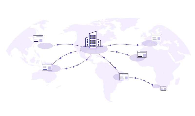 World map with a company icon in the middle, connected to several websites all over the world